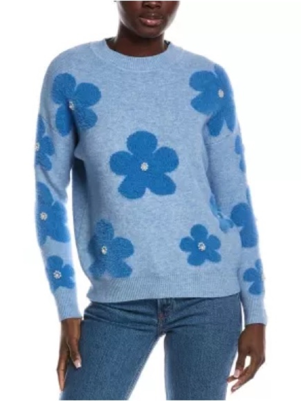 Nanette Lepore Eyelash Intarsia Floral Pearl Sweater Light Blue NWT Size XL